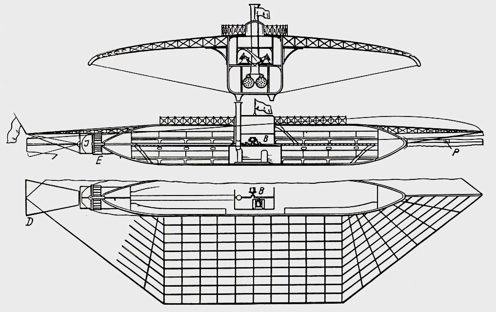 Проект «Система воздухоплавания» (чертёж из патента) Паровая машина в центре, вращение на винт идёт через длинный вал