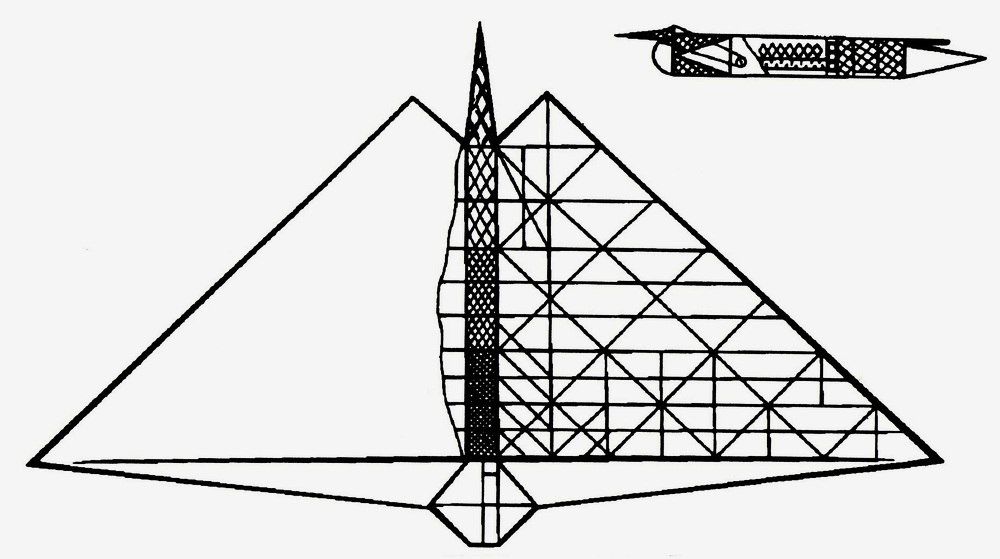 «Усовершенствованная система воздухоплавания» — «самолёт „Дельта“». Чертёж из патента 1867 года