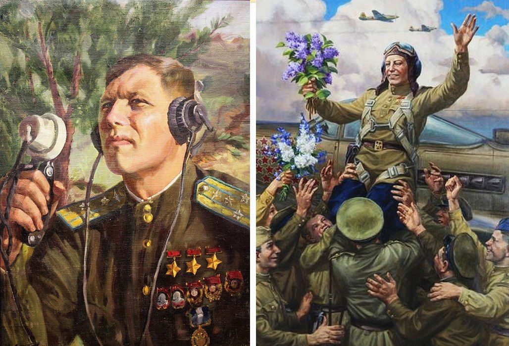 Портрет А.И. Покрышкина (руководит полётами). Художник Маргарита Лагранж (Судковская). Справа: «Хозяин неба. Портрет А.И. Покрышкина». Художник Евгений Корнеев