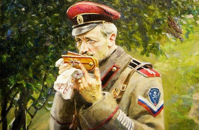 Сталин понимал и учитывал сакральный смысл погон, верно рассчитал удачный момент их введения. Здесь: «Царские погоны». Художник Павел Рыженко. Фрагмент картины