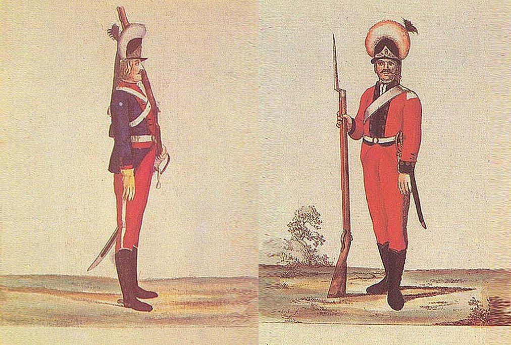 Слева: карабинер, справа – минер и пионер (военнослужащий инженерных войск) в форме 1780-х – начала 1790-х годов. Художник Х.-Г. Гейслер