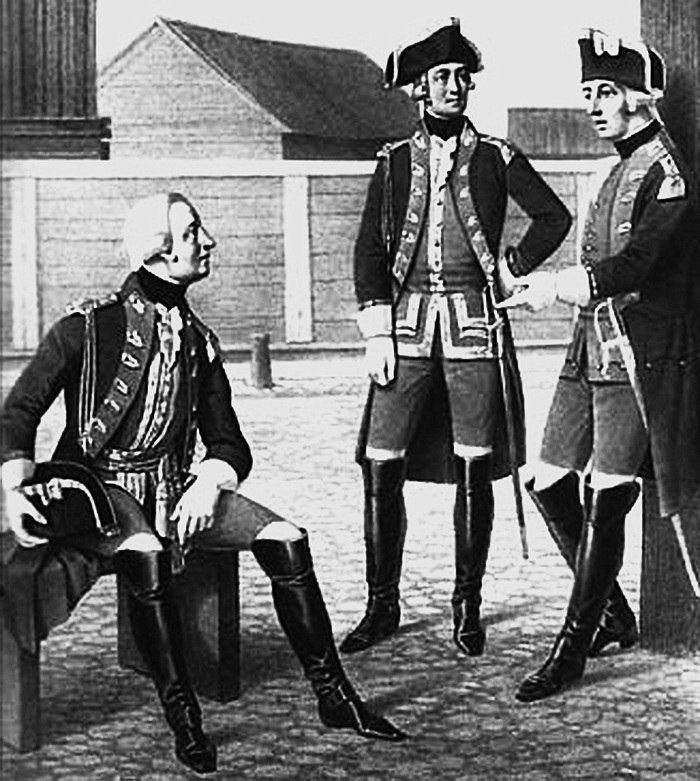 Офицеры Генерального штаба: генерал квартирмейстер-лейтенант, обер-квартирмейстер и колонажный офицер в форме 1764-1786 годов