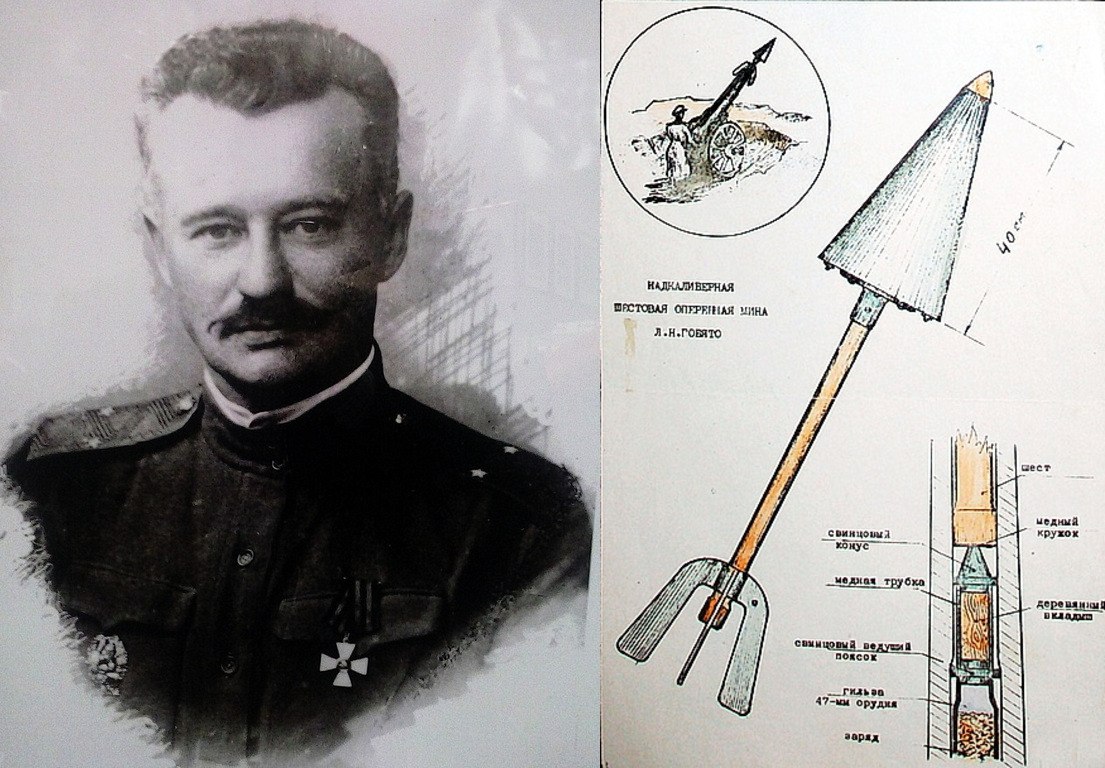 «Отец» русского миномёта Л.Н. Гобято и шестовая оперённая мина к нему его конструкции (переделки)