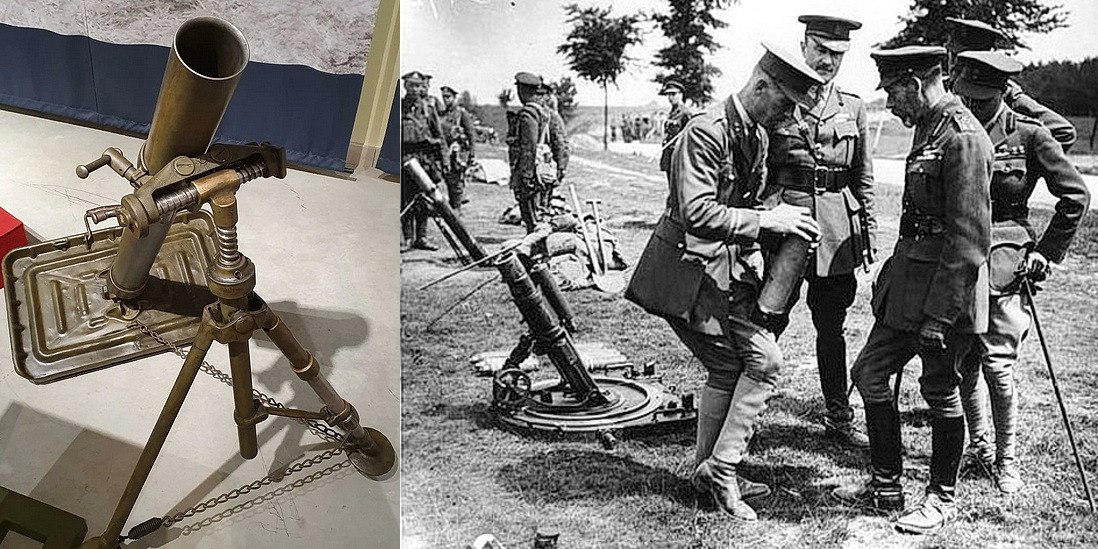Английский король Георг V осматривает миномёт Стокса. Слева – его усовершенствованная версия, миномёт Стокса- Брандта