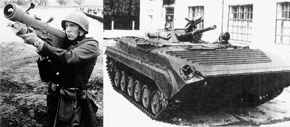 Слева: наведение ПЗРК «Стрела-2» на цель, справа – ПТУРС «Малютка», установленный на боевой машине пехоты