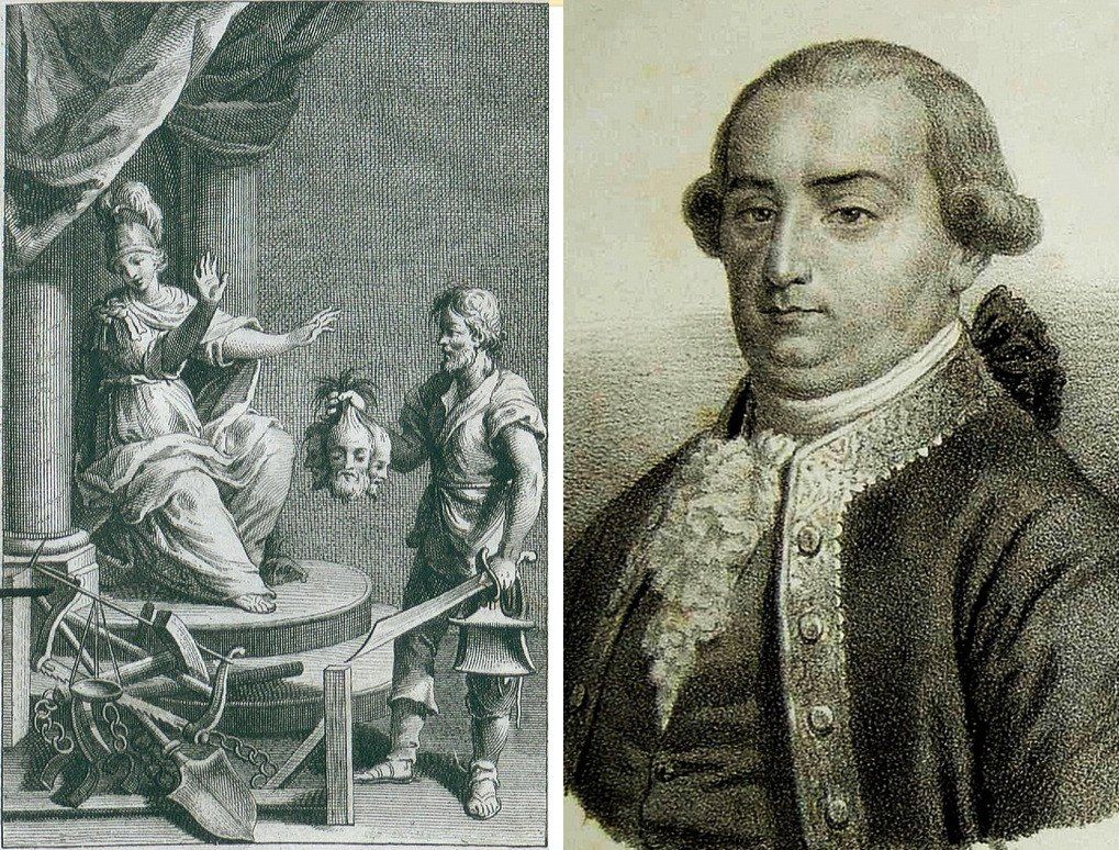 Чезаре Беккариа и фронтиспис его книги «О преступлениях и наказаниях»: Правосудие, с отвращением отказывающееся брать отрубленные головы из руки человека с мечом