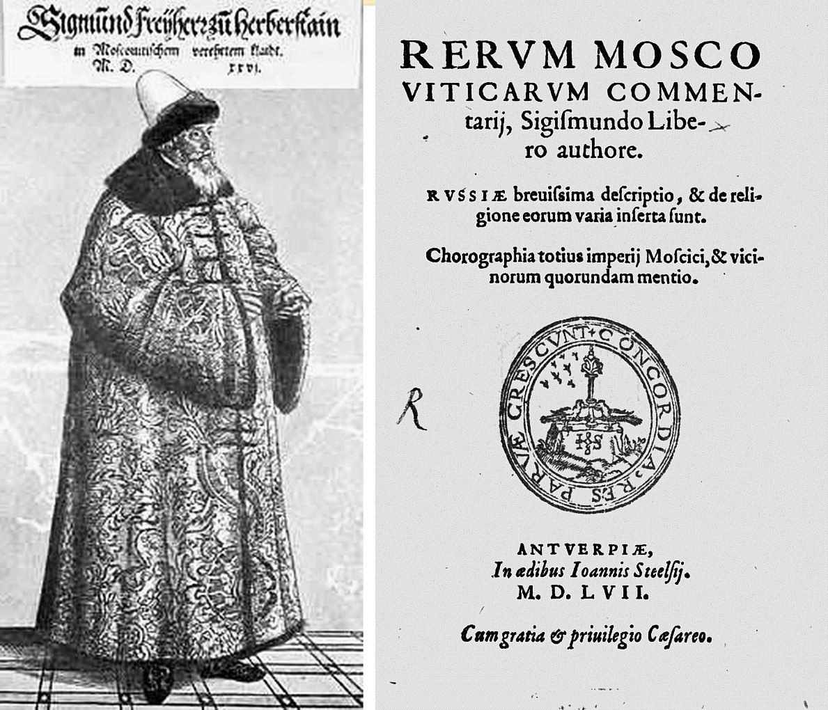 Сигизмунд Герберштейн в подаренной царём шубе, и титульный лист его книги «Записки о Московии»