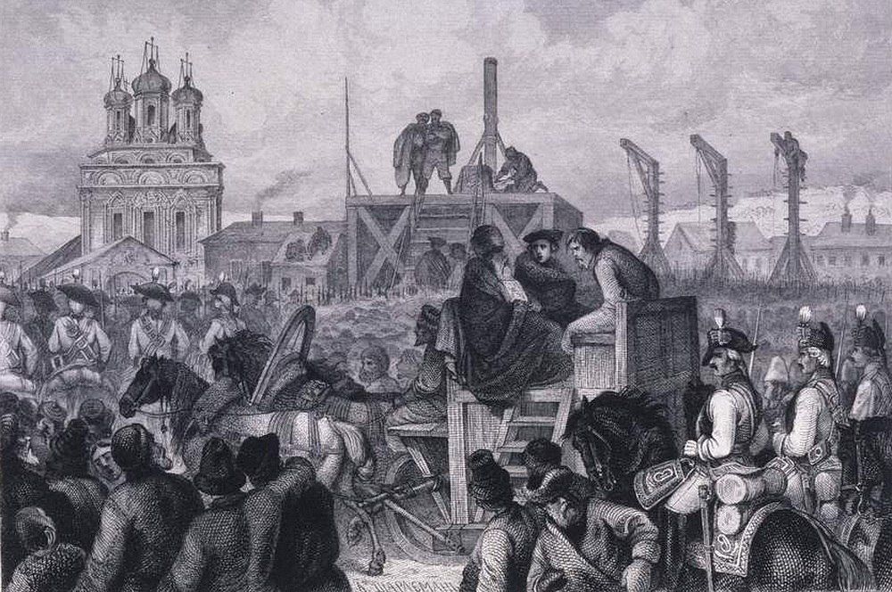 Казнь Емельяна Пугачёва 10 января 1775 года на Болотной площади в Москве. Художник А. Шарлемань. По времени рисунок соответствует событию