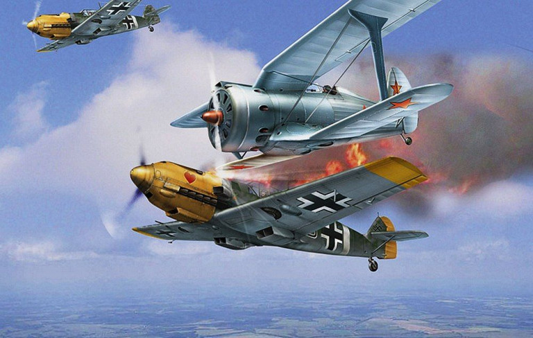 Заглавная иллюстрация: советский истребитель И-190 ударом шасси таранит немецкий истребитель «Messerschmitt Bf.109»