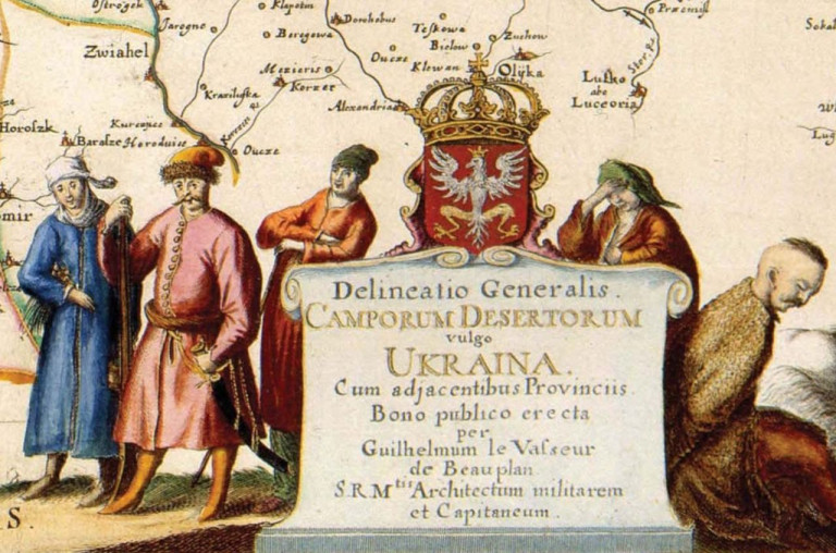 Заголовок карты Боплана – «Delineatio generalis Camporum Desertorum vulgo Ukraina, cum adjacentibus Provinciis bono publico crecta per Guilhelmum le Vasseur de Beauplan S.R.M tis Architectum militarem et Capitaneum», в переводе с латинского – «Общее описание пустынной местности, именуемою в просторечии Украиной, с прилегающими Провинциями, составленное ради общественного блага Гильомом ле Вассёром де Бопланом, Строителем военным и Капитаном».