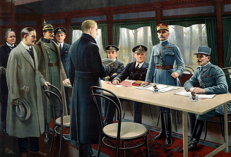 Заглавная иллюстрация: «На торжестве одних, и унижении других». Переговоры в салон-вагоне фельдмаршала Фоша в Компьене, ноябрь 1918 г. Художник Морис Пийар Вернёй.