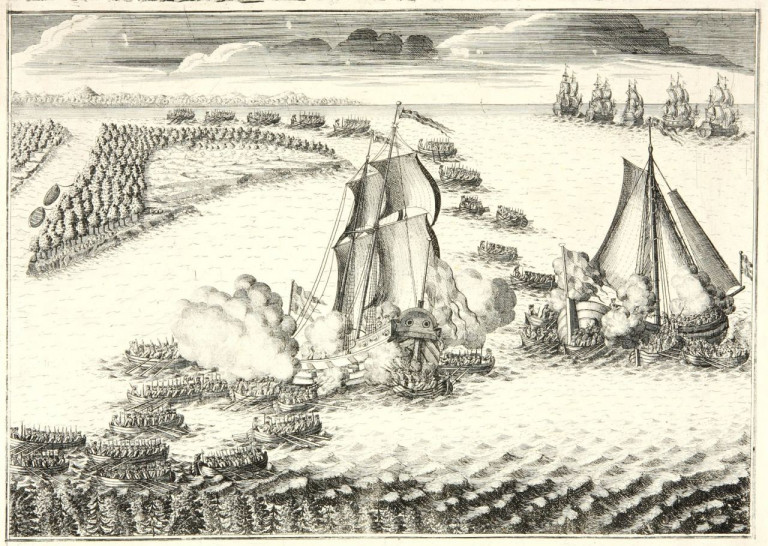 Заглавная иллюстрация: Взятие на абордаж шведских судов «Астрильд» и «Гедан» на невском взморье в ночь с 6 на 7 мая 1703 г., гравюра Адриана Шхонебека