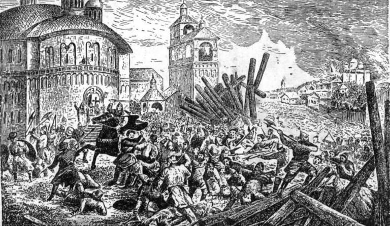 Заглавная иллюстрация: «Защита Десятинной церкви от полчищ Батыя в Киеве в 1240 году», А. Земцов, художник, Ю. Барановский, гравёр, Государственный исторический музей