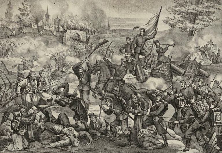 Заглавная иллюстрация. Битва при Эрзеруме (Деве-Бойну). Иллюстрация из Альбома картин в память 25-летия Русско-Турецкой войны 1877-1878. М. 1902