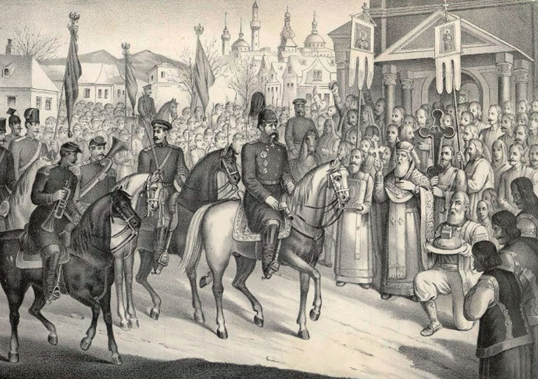 Заглавная иллюстрация. Торжественный въезд русских войск в Софию. Литография П.Н.Шарапова 1878 г. Государственный исторический музей
