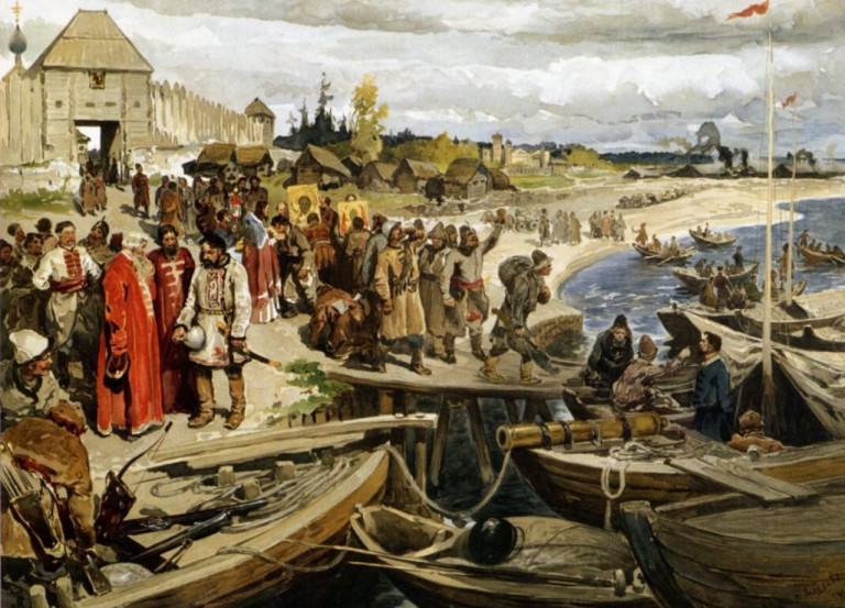 Заглавная иллюстрация: К. Лебедев, "Поход Ермака". Строгановы провожают Ермака в сибирский поход