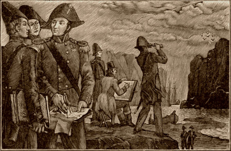 Заглавное фото: В.М. Головнин на Курильских островах. Гравюра Е.О. Бургункера