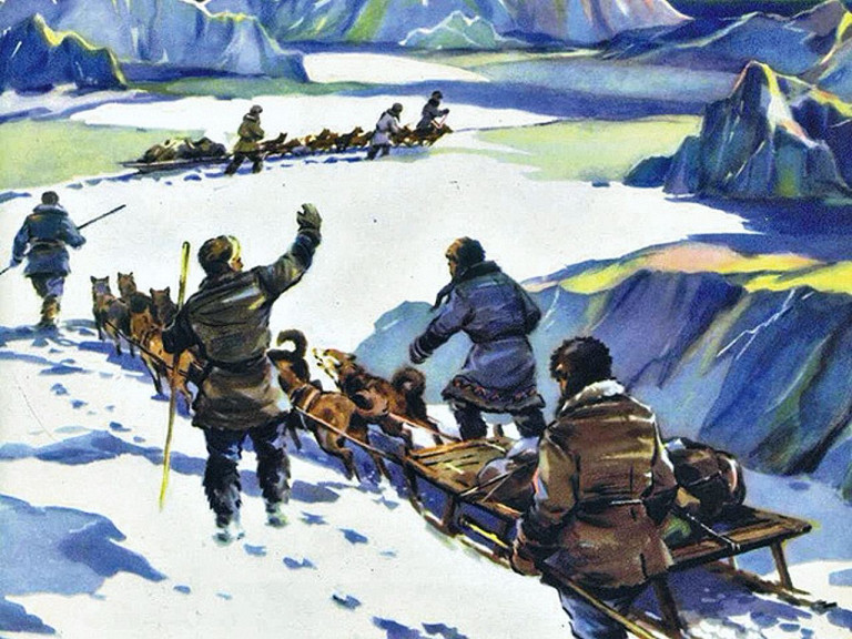 Заглавная иллюстрация. Картина художника П.Павлинова «Харитон Лаптев и Семён Челюскин на Таймыре». Издательство «Изобразительное искусство».1977 год.