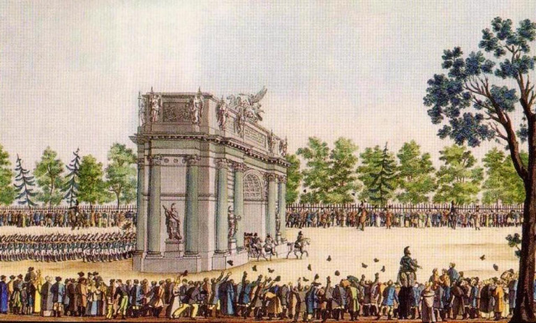 Заглавная иллюстрация. Торжественное вступление Российской Императорской Гвардии в Санкт-Петербург на акварели И.А.Иванова.