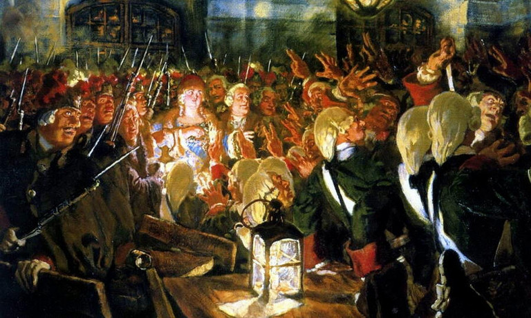 Заглавная иллюстрация. Дворцовый переворот 6 декабря 1741 года на картине Е.Е.Лансере