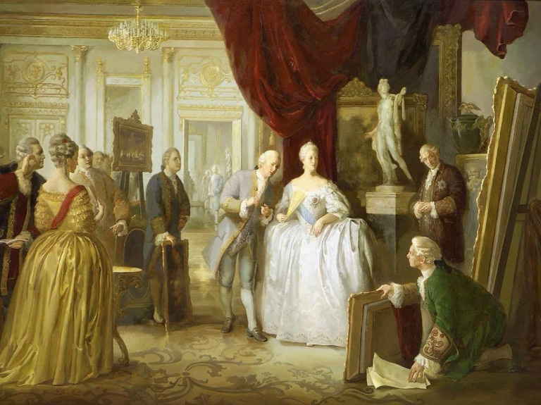 Заглавная иллюстрация. Основание Эрмитажа Екатериной II на картине Калиновской Е.М.