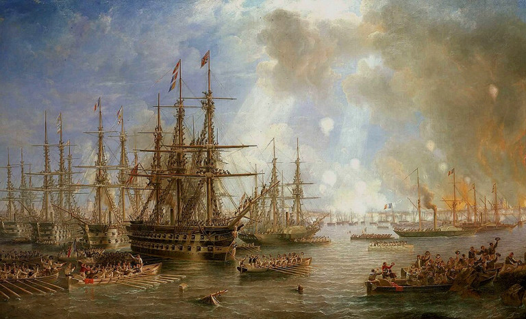 Заглавная иллюстрация. Бомбардировка Свеаборга на картине художника Джона Кармайкла