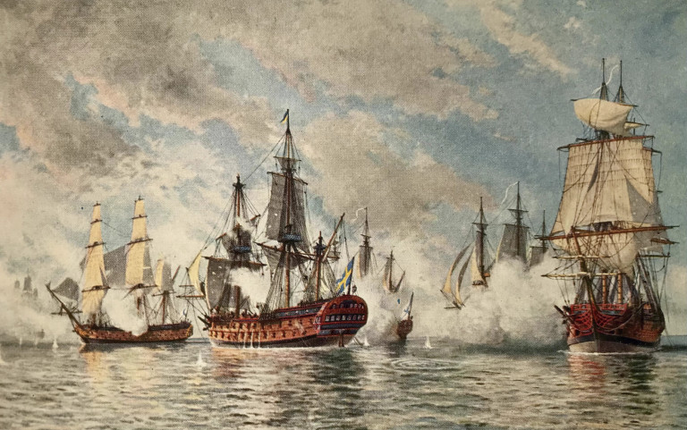 Заглавная иллюстрация. Противостояние между флагманскими кораблями двух эскадр на картине Я.Хега