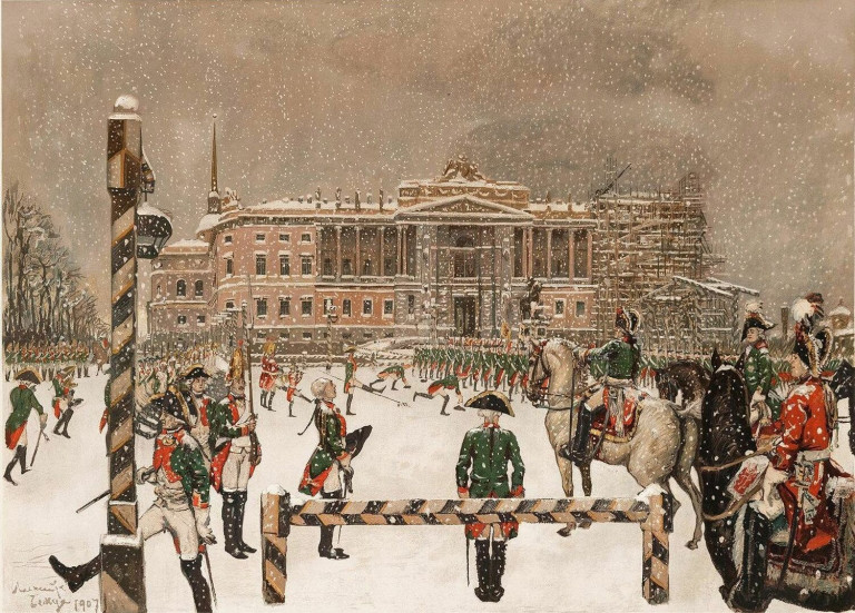 Заглавная иллюстрация. «Вахтпарад при императоре Павле I» на картине А.Н.Бенуа.