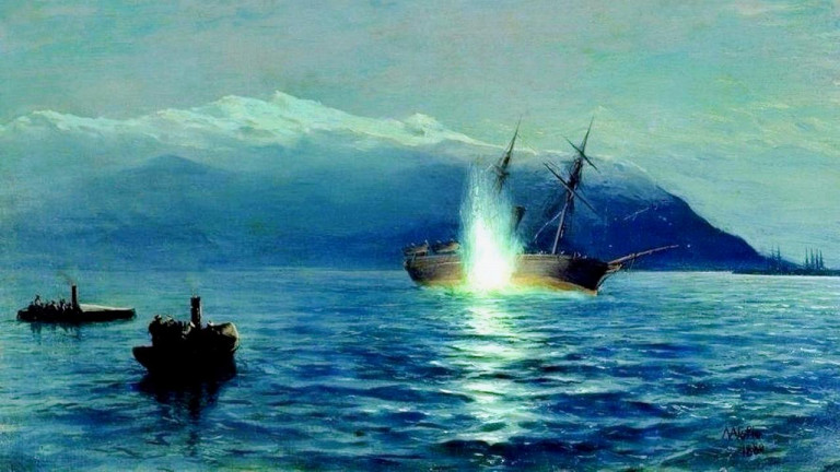 Заглавная иллюстрация: Гибель турецкой канонерки «Интибах» на рейде Батума от торпедных катеров парохода «Великий князь Константин» в ночь на 14 января 1878 г. Л.Ф.Лагорио, 1880. Центральный военно-морской музей, Санкт-Петербург