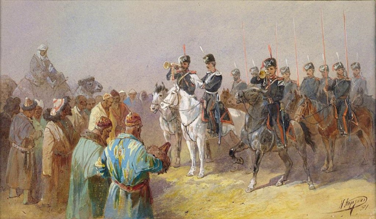 Заглавная иллюстрация. Картина «Царский указ. Объясачение киргиз-кайсацкой орды» художника Н.Н.Каразина.