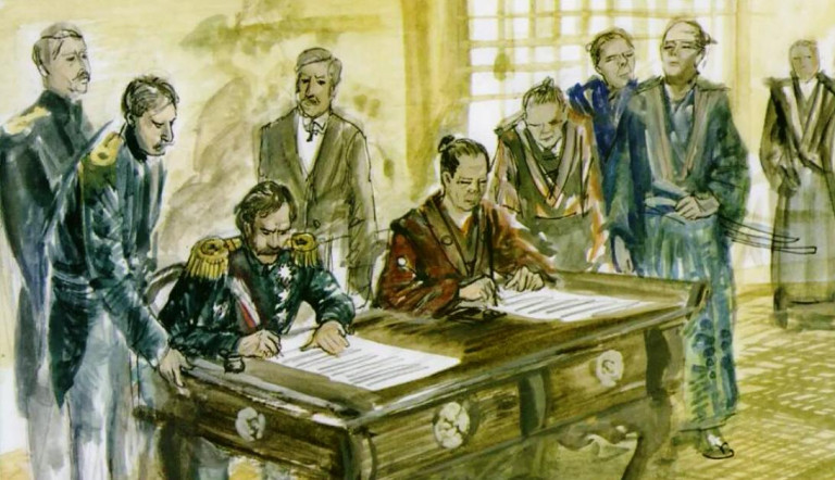 Заглавная иллюстрация. Подписание Симодского трактата. Рисунок неизвестного художника. 1855 год