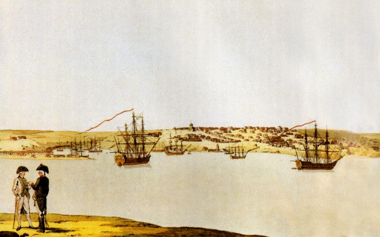 Заглавная иллюстрация. Вид на Севастополь и русскую эскадру. Раскрашенная гравюра по оригиналу Г. Гейслера. Конец XVIII века