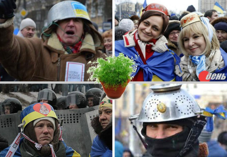 На заглавном фото: На "евромайдане" спасались неизвестно от чего кастрюлями и дуршлагами. Теперь майданить получится, разве что, в бронежилетах, да и то недолго...