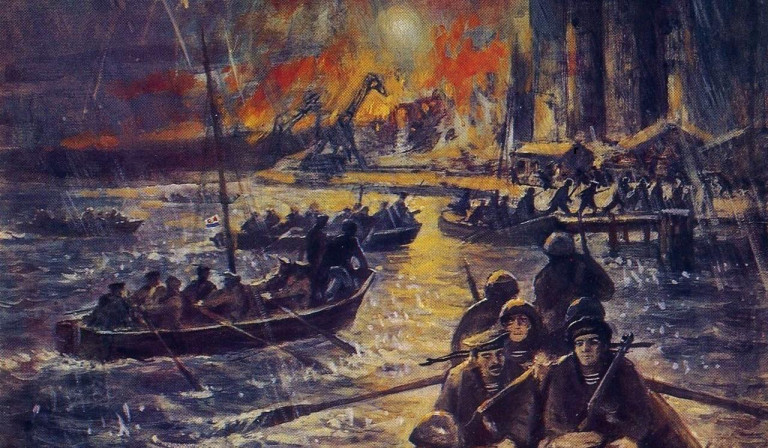 Заглавная иллюстрация. Высадка десанта Ольшанского на картине В.А.Печатина