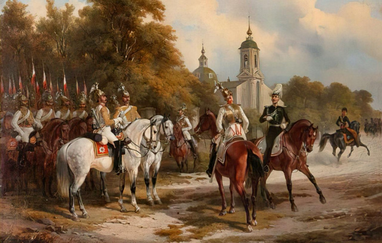 Заглавная иллюстрация. Кавалергарды перед полковой церковью на картине К.К.Шульца