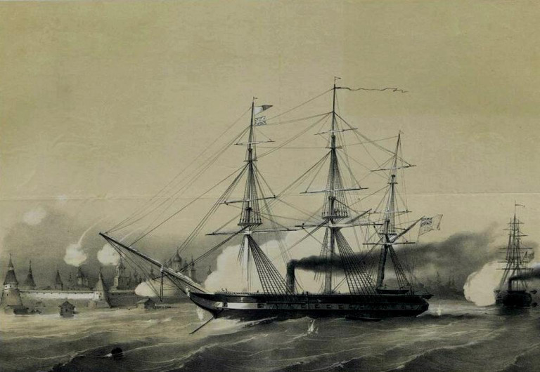 Заглавная иллюстрация. Бомбардирование Соловецкого монастыря двумя английскими пароходофрегатами на картине А.Э.Мюнстера