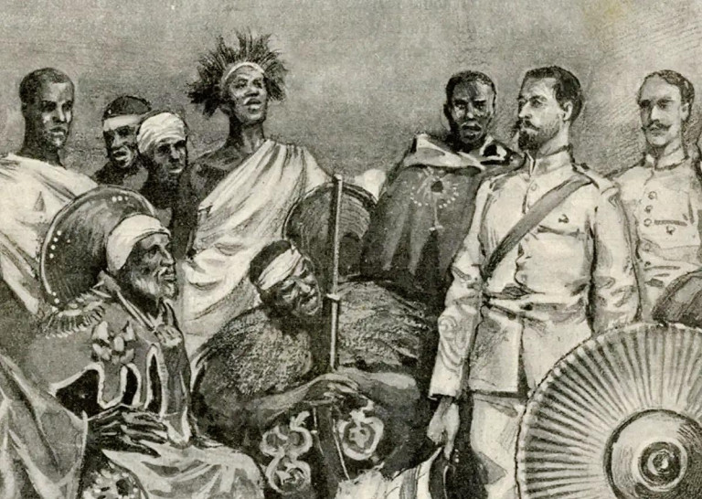 Заглавная иллюстрация. Александр Булатович среди офицеров и солдат абиссинской армии. Рисунок современника