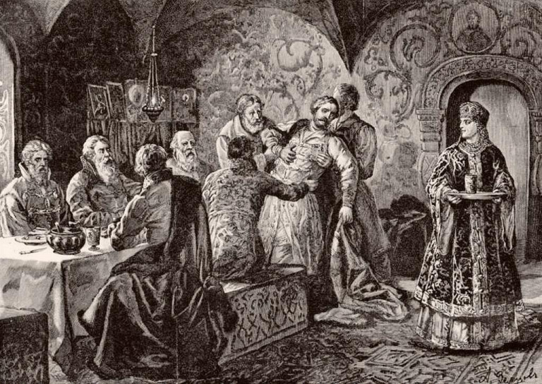 Заглавная иллюстрация. Отравление князя Скопина-Шуйского на пиру. Рисунок А.Е.Земцова
