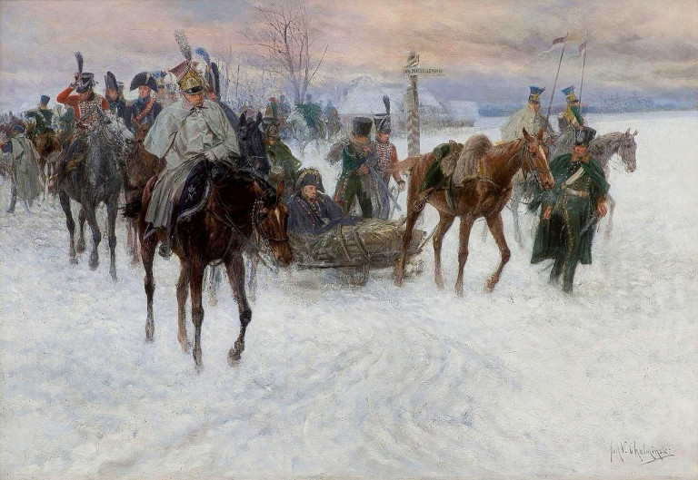 Заглавная иллюстрация. Бегство французов через Молодечно на картине Я.Хельминского