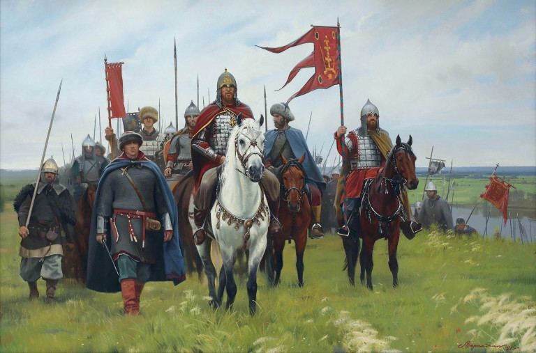 Заглавная иллюстрация. Дружина князя в походе на картине Л.Л.Штрикмана