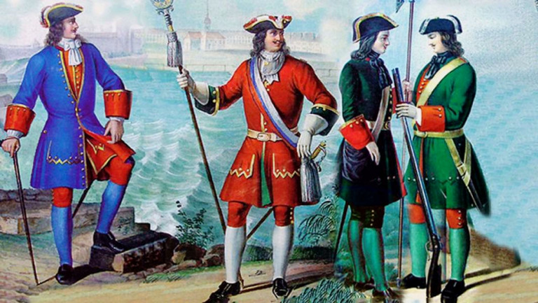 Заглавная иллюстрация. Офицеры и рядовые петровской гвардии - главной кузницы офицерских кадров. Висковатов А.В. Историческое описание одежды и вооружения российских войск