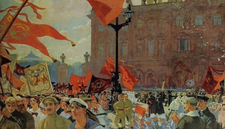 Заглавная иллюстрация. Праздник в честь открытия II конгресса Коминтерна 19 июля 1920 года на картине Б.М.Кустодиева