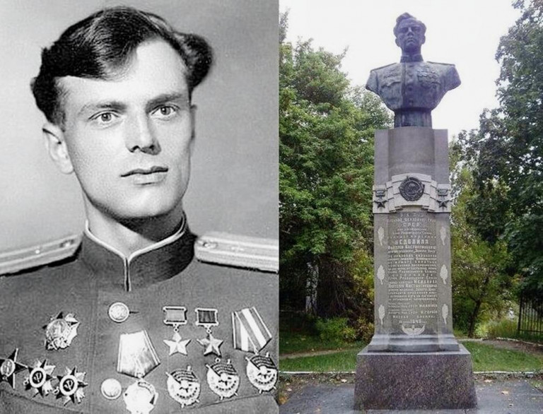 Заглавное фото. Лётчик Анатолий Недбайло и его прижизненный бюст в Изюме