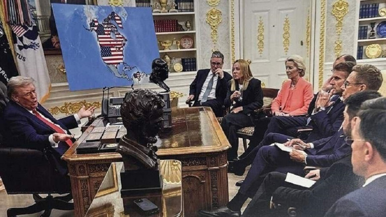 На заглавном фото: Трамп рассказывает «европейским лидерам» о будущем с картой передела мира