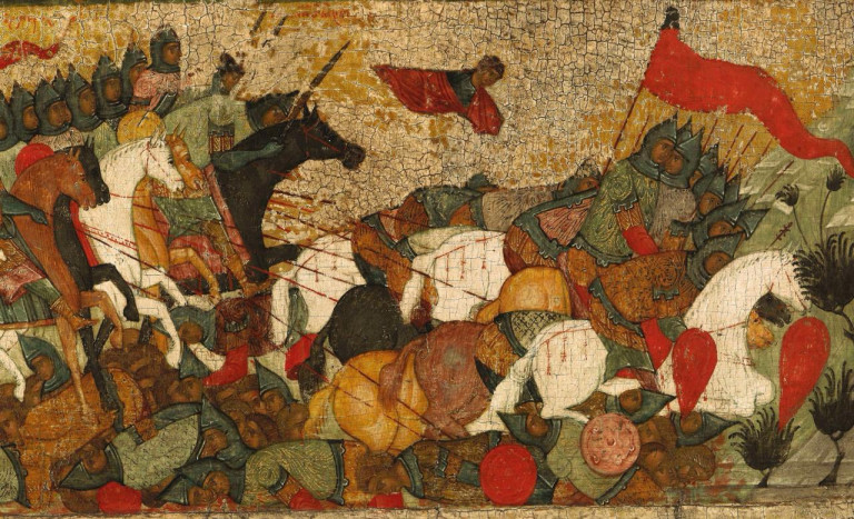 Заглавная иллюстрация. Икона, изображающая битву князя Ярослава со Святополком