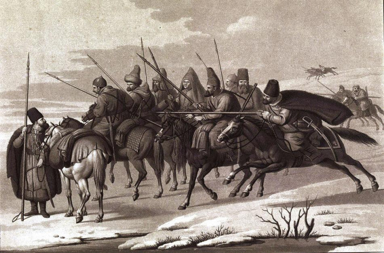 Заглавная иллюстрация. Русские казаки в Берлине на немецкой гравюре